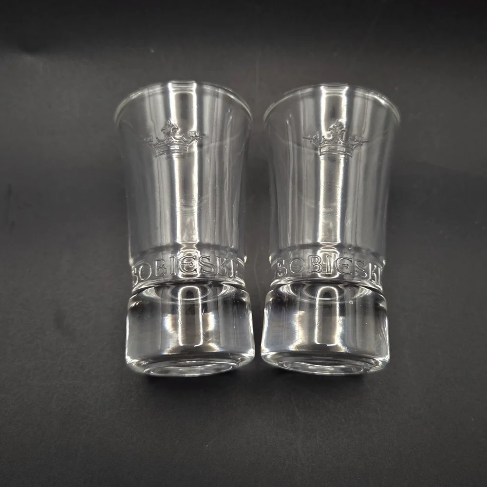 SOBIESKI Polish Vodka Shot Glasses, Set Of 2 Embossed Crown and Logo/Label, NIB